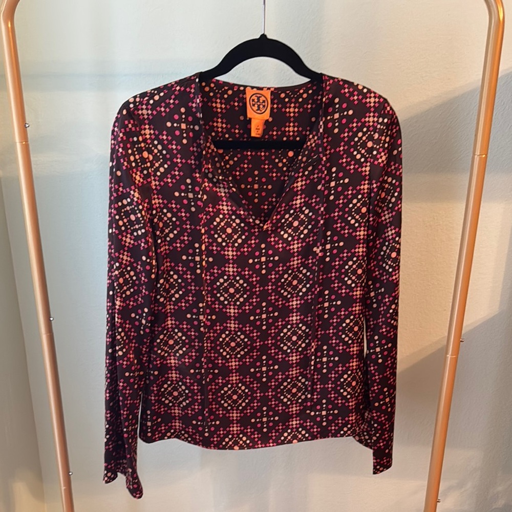 Tory Burch Brown Multicolor Geometric Design Long Sleeve Blouse
